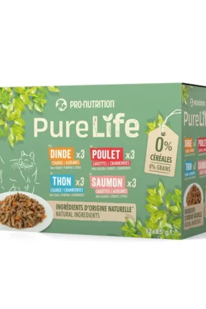 Acheter En Ligne Pro-Nutrition - Multipack Pochons Pure Life Dinde Poulet Thon et Saumon - 12x85g