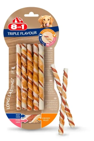 Meilleure Vente 8in1 - Friandises Sticks bâtonnets Torsadés Triple Flavour Twisted à Mâcherpour Chien - x10