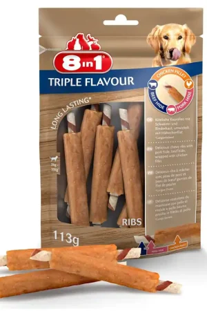 Livraison Mondiale 8in1 -Friandises Triple Flavour Ribs Travers à Mâcher pour Chien - x6